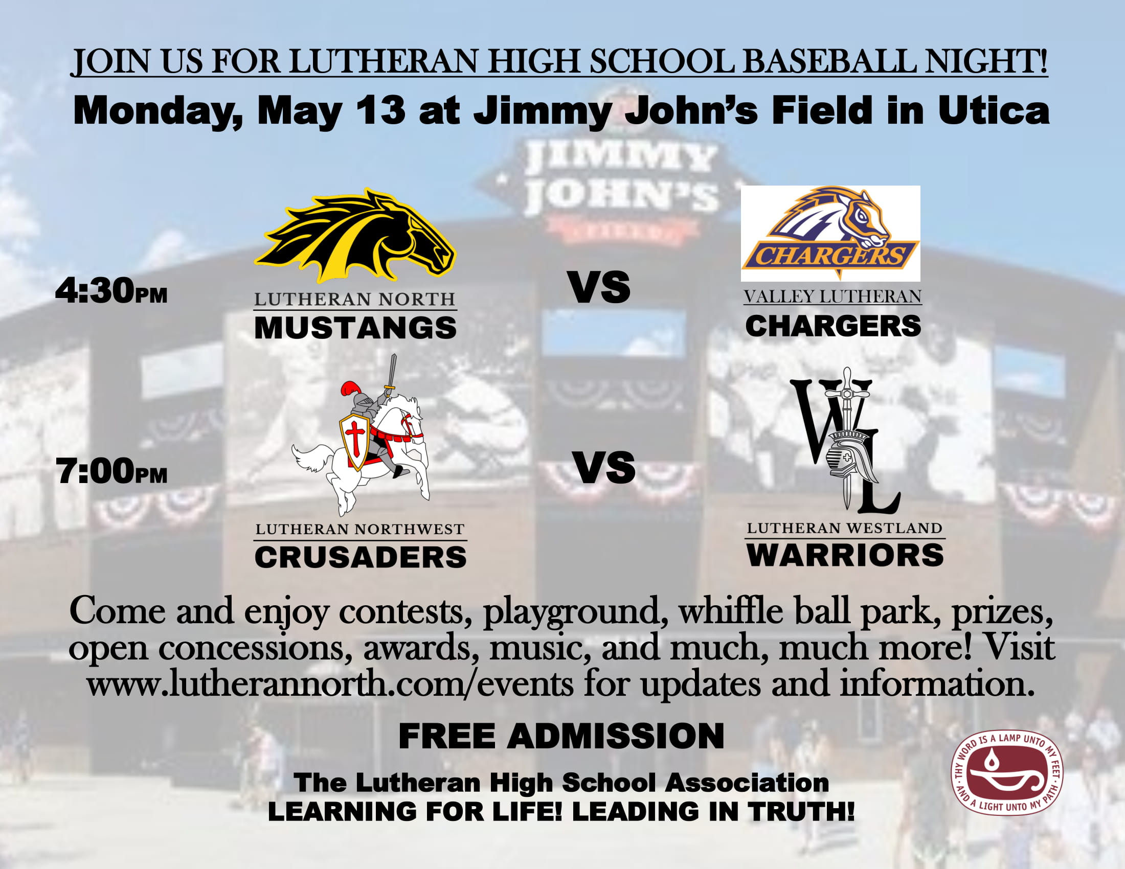 Lutheran High School Baseball Night is May 13th at Jimmy John's Field in Utica, MI